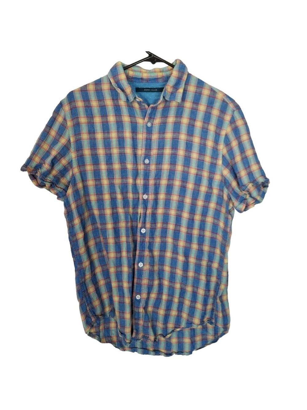 Perry Ellis Mens 100% Linen Plaid Shirt Size M Resortwear Coastal Preppy Beach
